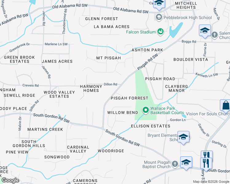map of restaurants, bars, coffee shops, grocery stores, and more near 6330 Pisgah Road Southwest in Austell