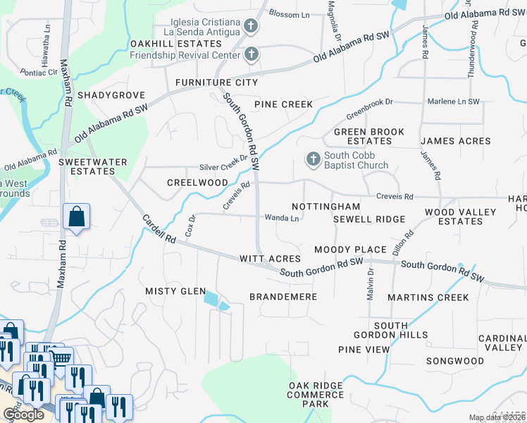 map of restaurants, bars, coffee shops, grocery stores, and more near 6464 Wanda Lane in Austell
