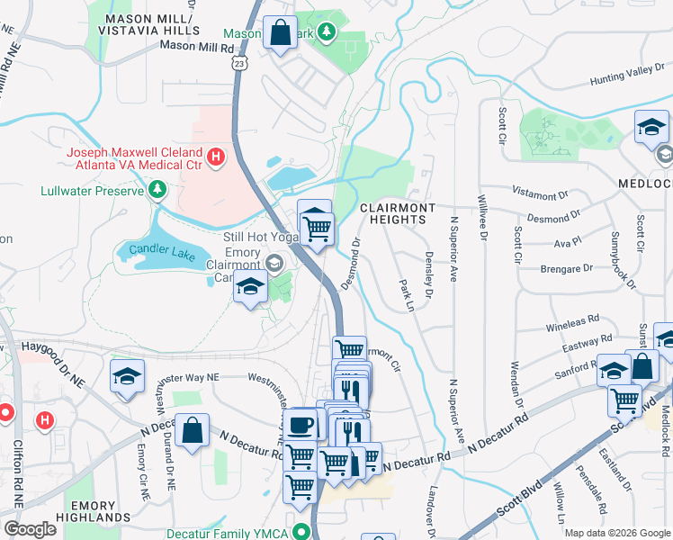 map of restaurants, bars, coffee shops, grocery stores, and more near 1501 Clairmont Road in Decatur