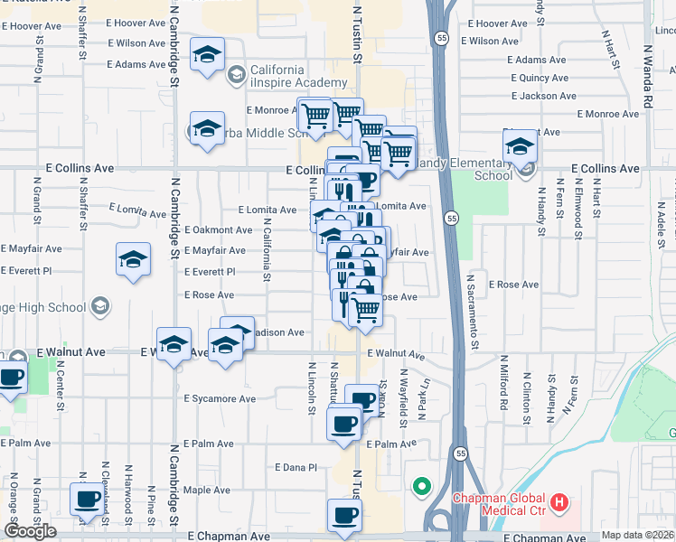 map of restaurants, bars, coffee shops, grocery stores, and more near 1524 East Everett Place in Orange