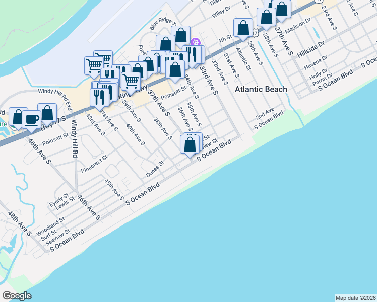 map of restaurants, bars, coffee shops, grocery stores, and more near 3702 South Ocean Boulevard in North Myrtle Beach
