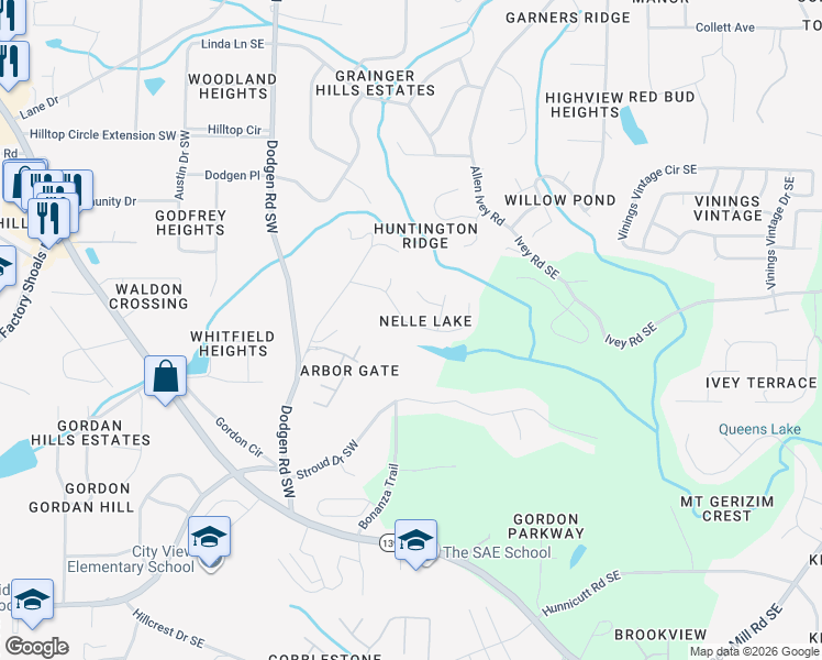 map of restaurants, bars, coffee shops, grocery stores, and more near 46 Nellie Brook Drive Southwest in Mableton