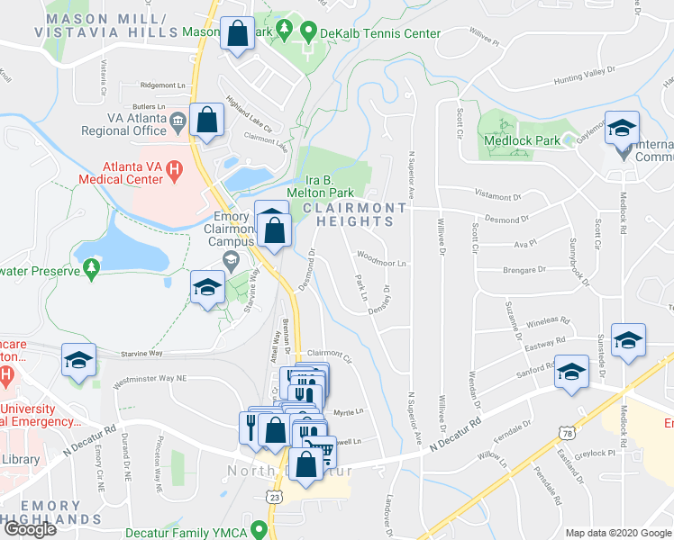 map of restaurants, bars, coffee shops, grocery stores, and more near 594 Densley Drive in Decatur