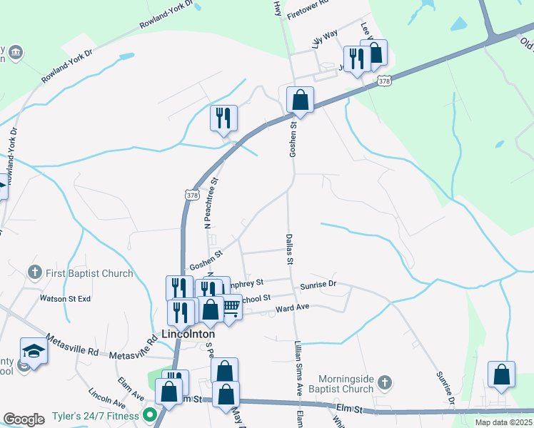 map of restaurants, bars, coffee shops, grocery stores, and more near 264 Goshen Street in Lincolnton
