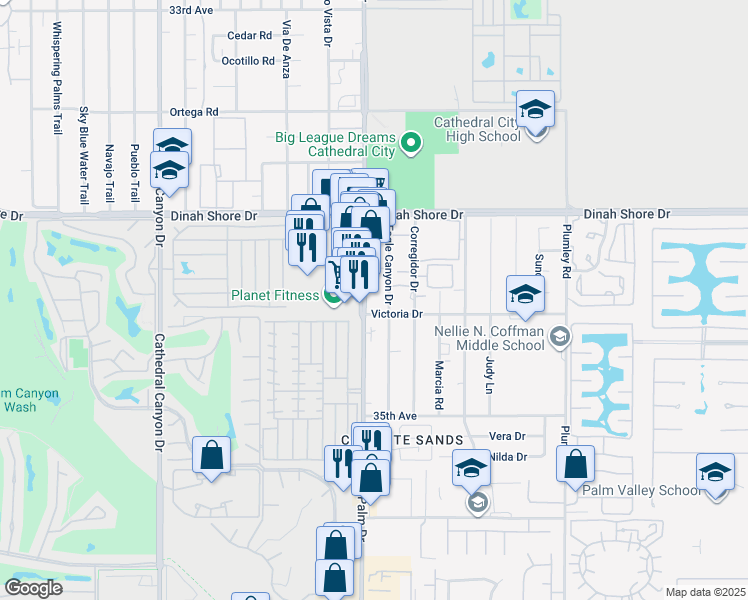 map of restaurants, bars, coffee shops, grocery stores, and more near 34530 Eagle Canyon Drive in Cathedral City