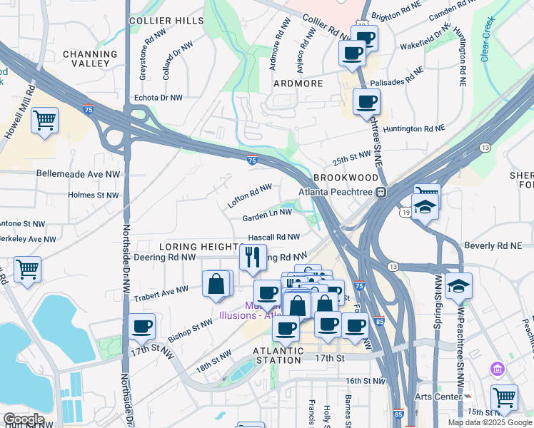 map of restaurants, bars, coffee shops, grocery stores, and more near Garden Lane Northwest in Atlanta