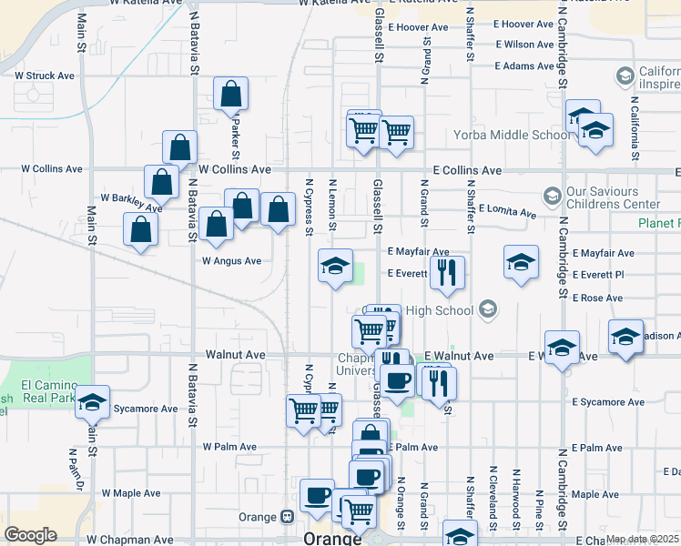 map of restaurants, bars, coffee shops, grocery stores, and more near 615a North Lemon Street in Orange