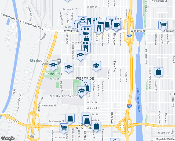 map of restaurants, bars, coffee shops, grocery stores, and more near 2260 Santa Fe Avenue in Long Beach