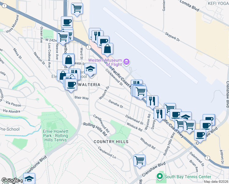 map of restaurants, bars, coffee shops, grocery stores, and more near 3307 Newton Street in Torrance