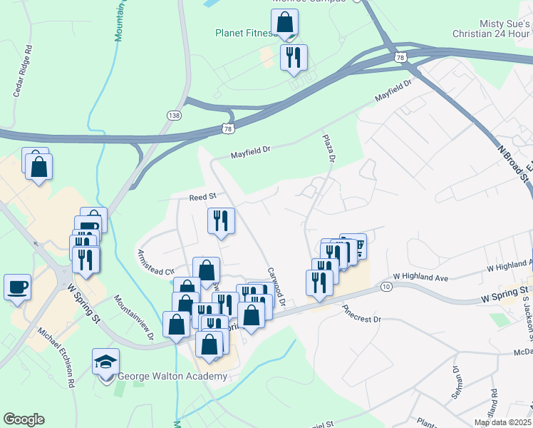 map of restaurants, bars, coffee shops, grocery stores, and more near 239 Elm Place in Monroe