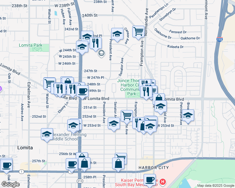 map of restaurants, bars, coffee shops, grocery stores, and more near 1435 Lomita Boulevard in Harbor City