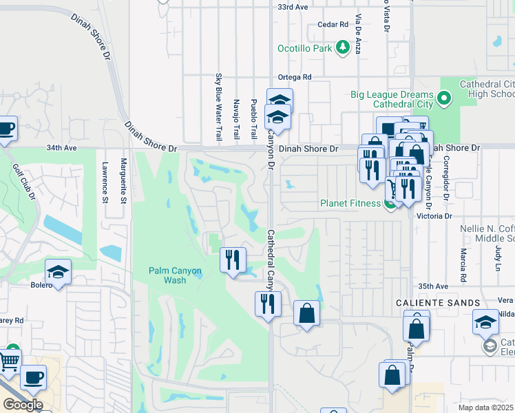 map of restaurants, bars, coffee shops, grocery stores, and more near 68489 Village Drive in Cathedral City