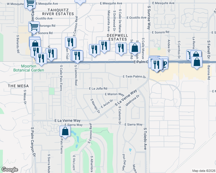map of restaurants, bars, coffee shops, grocery stores, and more near 1142 East La Jolla Road in Palm Springs