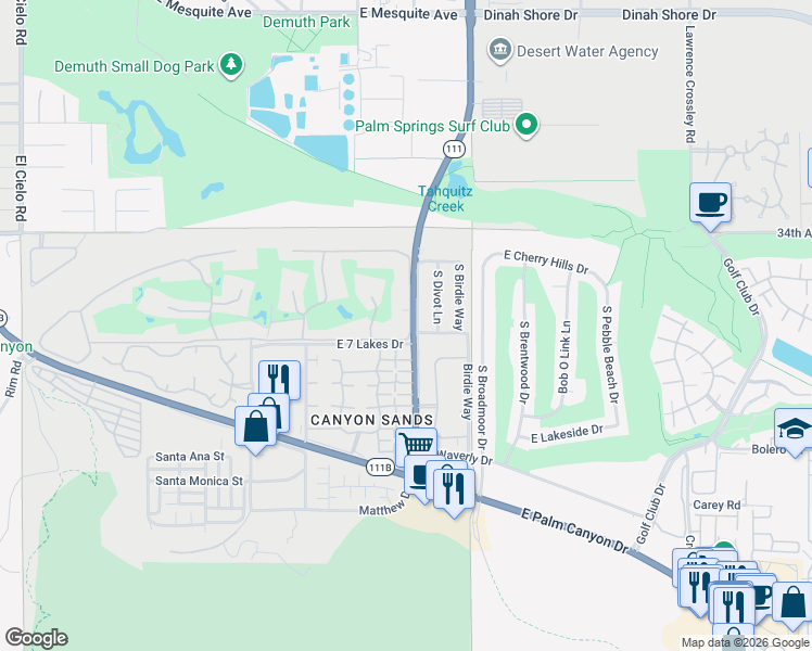 map of restaurants, bars, coffee shops, grocery stores, and more near 276 Desert Lakes Drive in Palm Springs