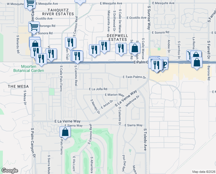 map of restaurants, bars, coffee shops, grocery stores, and more near 1142 East La Jolla Road in Palm Springs