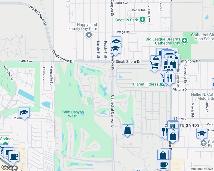 map of restaurants, bars, coffee shops, grocery stores, and more near 68489 Village Drive in Cathedral City