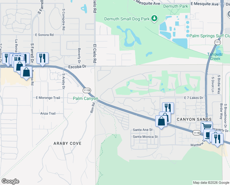 map of restaurants, bars, coffee shops, grocery stores, and more near 507 Desert Lakes Circle in Palm Springs