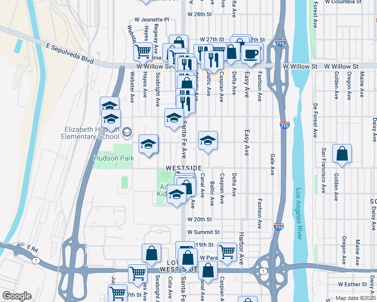 map of restaurants, bars, coffee shops, grocery stores, and more near 2260 Santa Fe Avenue in Long Beach