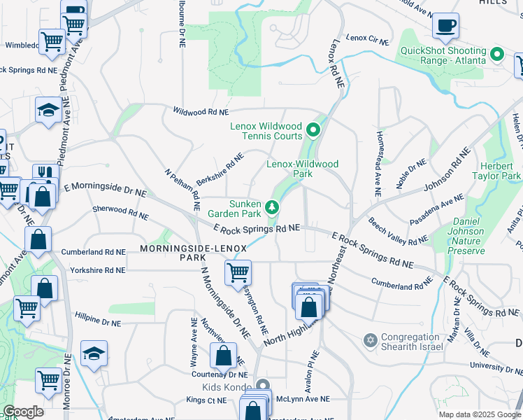 map of restaurants, bars, coffee shops, grocery stores, and more near 1598 West Sussex Road Northeast in Atlanta