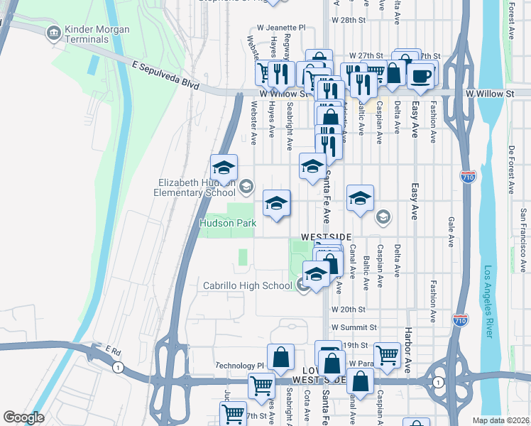 map of restaurants, bars, coffee shops, grocery stores, and more near 2020 West 23rd Street in Long Beach