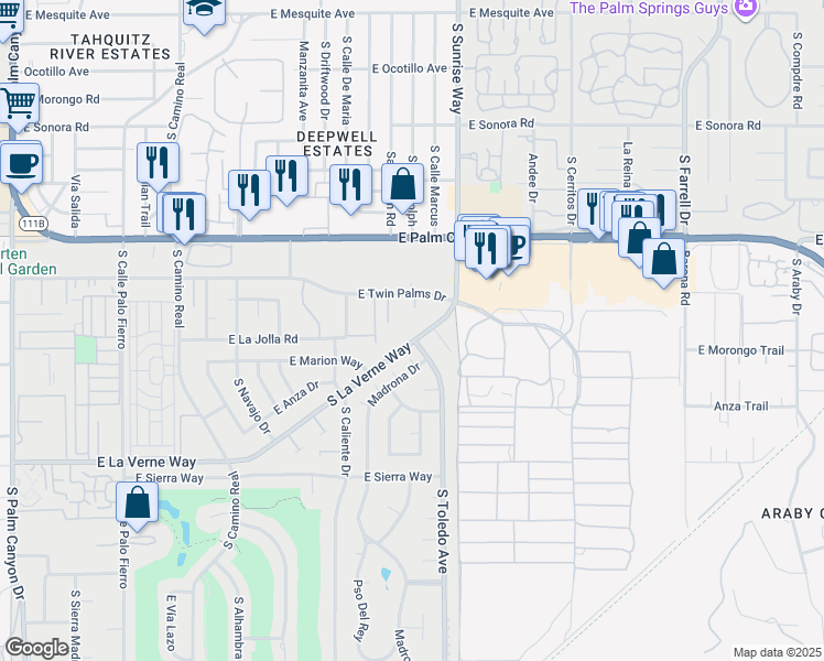 map of restaurants, bars, coffee shops, grocery stores, and more near 1526 South La Verne Way in Palm Springs