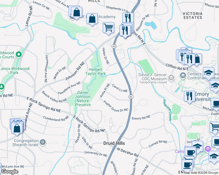 map of restaurants, bars, coffee shops, grocery stores, and more near 1202 Briar Hills Drive Northeast in Atlanta