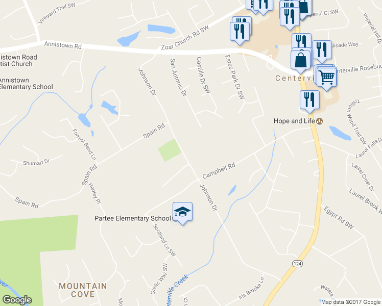 map of restaurants, bars, coffee shops, grocery stores, and more near 3536 Johnson Drive in Snellville