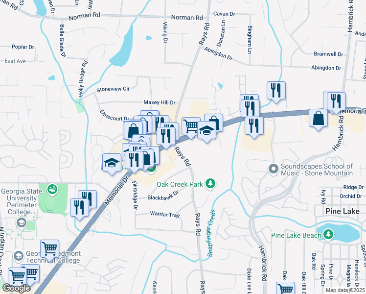 map of restaurants, bars, coffee shops, grocery stores, and more near 5325 Memorial Drive in Stone Mountain