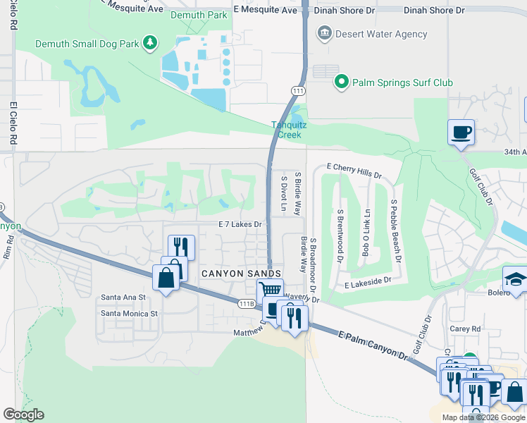 map of restaurants, bars, coffee shops, grocery stores, and more near 276 Desert Lakes Drive in Palm Springs
