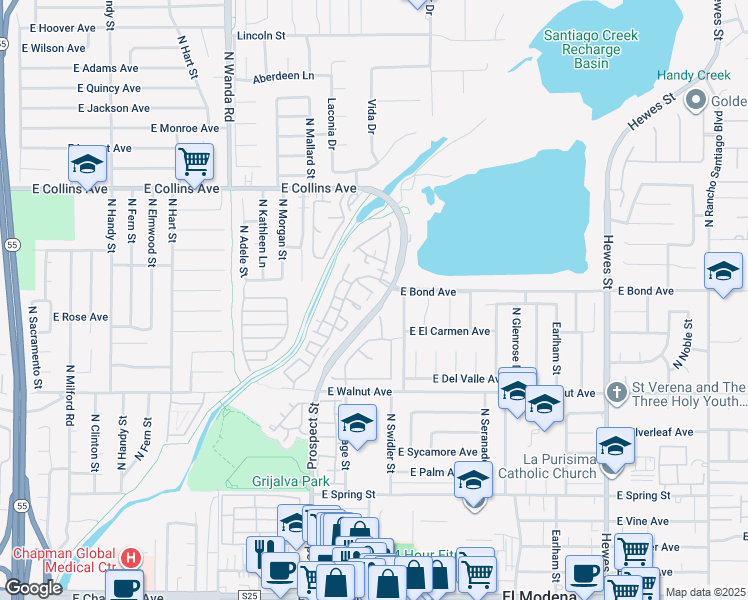 map of restaurants, bars, coffee shops, grocery stores, and more near 3518 East Berkshire Court in Orange