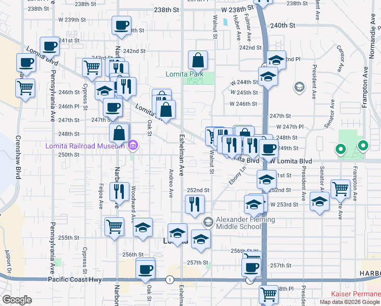 map of restaurants, bars, coffee shops, grocery stores, and more near 25004 Eshelman Avenue in Lomita
