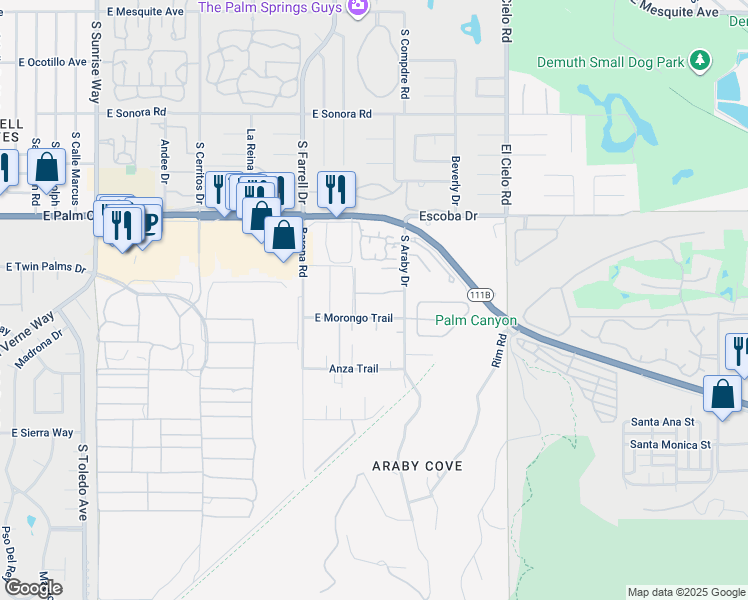 map of restaurants, bars, coffee shops, grocery stores, and more near 1881 South Araby Drive in Palm Springs