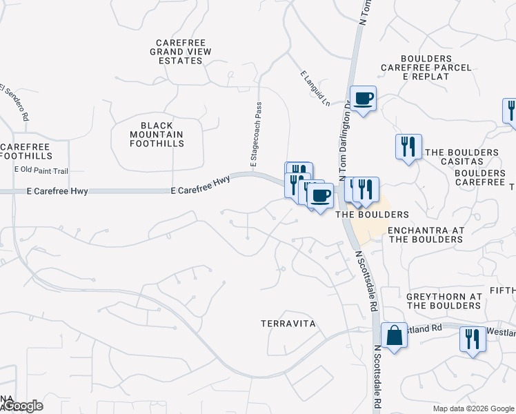 map of restaurants, bars, coffee shops, grocery stores, and more near 6862 East Nightingale Star Circle in Scottsdale