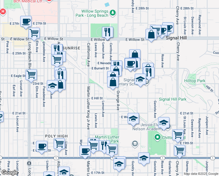 map of restaurants, bars, coffee shops, grocery stores, and more near 2243 Cerritos Avenue in Signal Hill