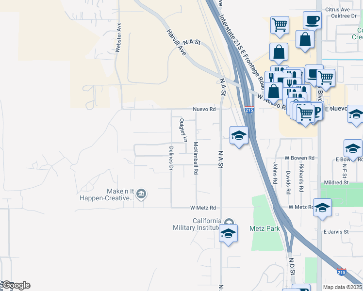 map of restaurants, bars, coffee shops, grocery stores, and more near 563 Victorian Hill Drive in Perris