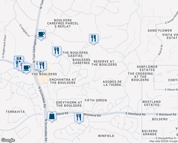 map of restaurants, bars, coffee shops, grocery stores, and more near 9228 East Whitethorn Circle in Scottsdale