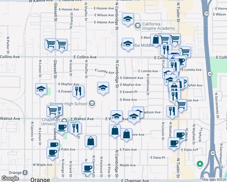 map of restaurants, bars, coffee shops, grocery stores, and more near 650 North Cambridge Street in Orange