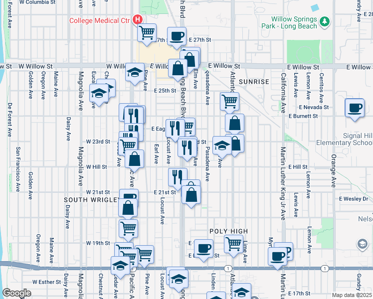 map of restaurants, bars, coffee shops, grocery stores, and more near 2247 Long Beach Boulevard in Long Beach
