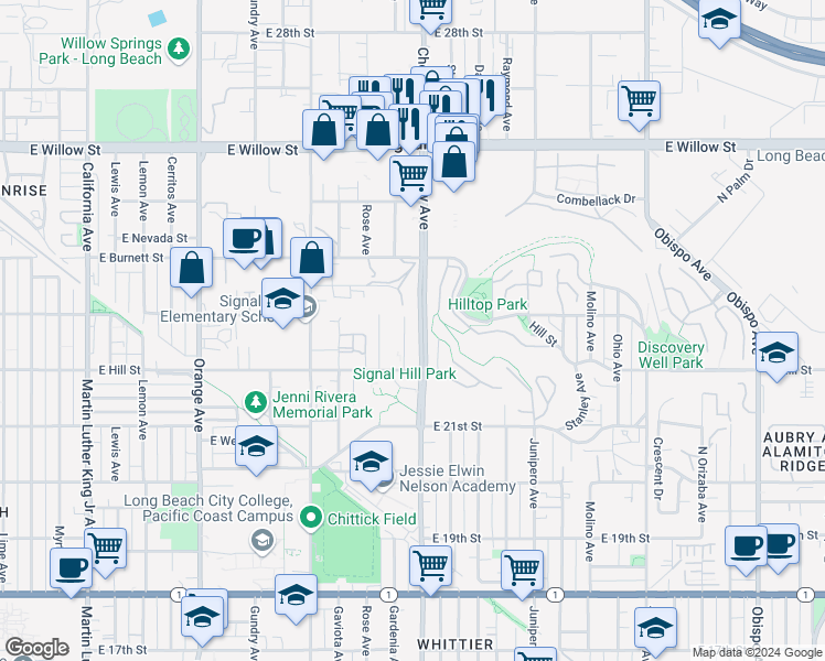 map of restaurants, bars, coffee shops, grocery stores, and more near 2240 North Legion Drive in Signal Hill