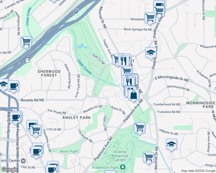 map of restaurants, bars, coffee shops, grocery stores, and more near 185 Avery Dr NE in Atlanta