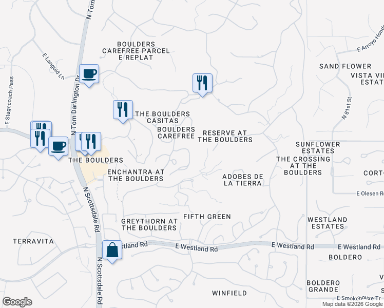 map of restaurants, bars, coffee shops, grocery stores, and more near 9228 East Whitethorn Circle in Scottsdale