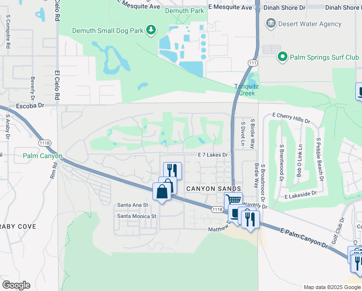 map of restaurants, bars, coffee shops, grocery stores, and more near 90 Desert Lakes Drive in Palm Springs