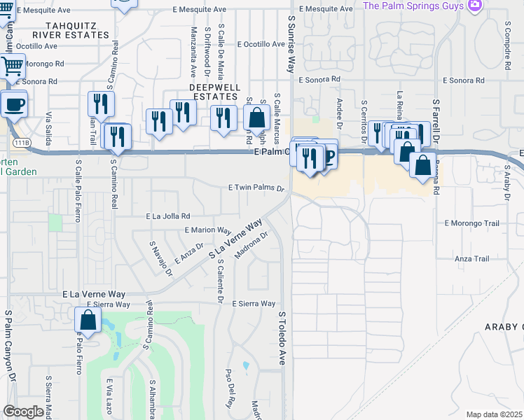 map of restaurants, bars, coffee shops, grocery stores, and more near 1526 South La Verne Way in Palm Springs