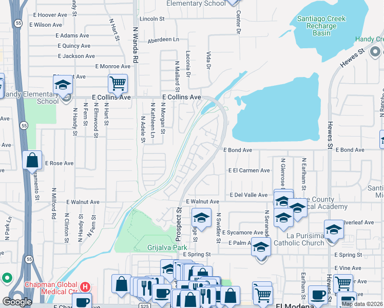 map of restaurants, bars, coffee shops, grocery stores, and more near 3326 East Hammond Circle in Orange