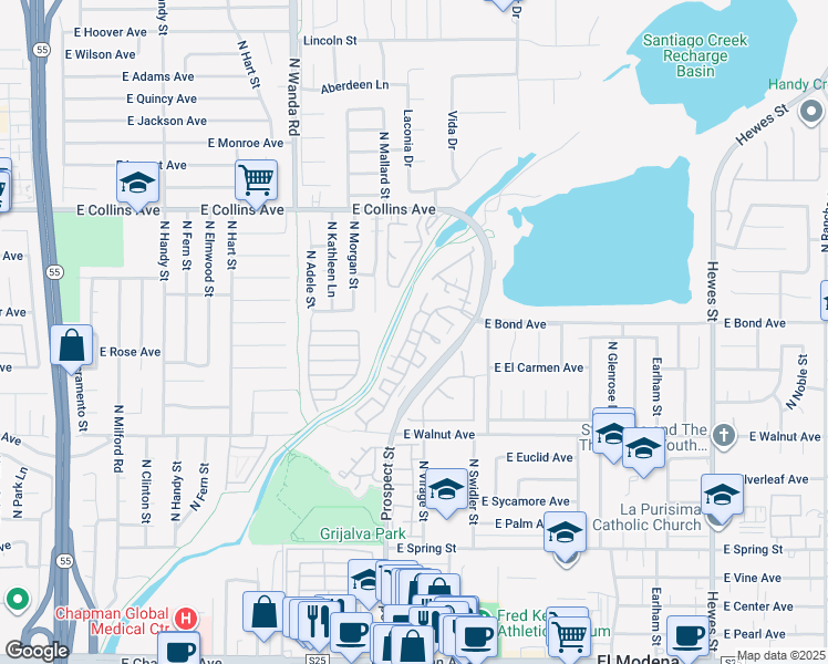 map of restaurants, bars, coffee shops, grocery stores, and more near 3326 East Hammond Circle in Orange