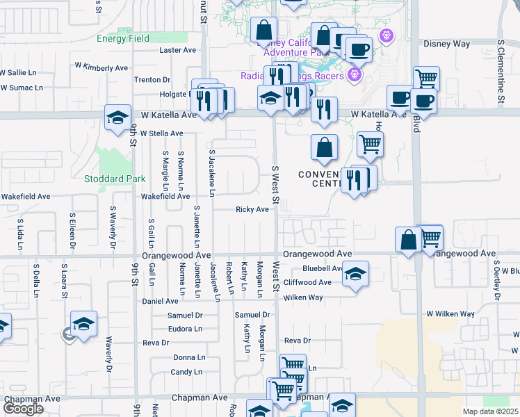 map of restaurants, bars, coffee shops, grocery stores, and more near 11892 Ricky Avenue in Garden Grove