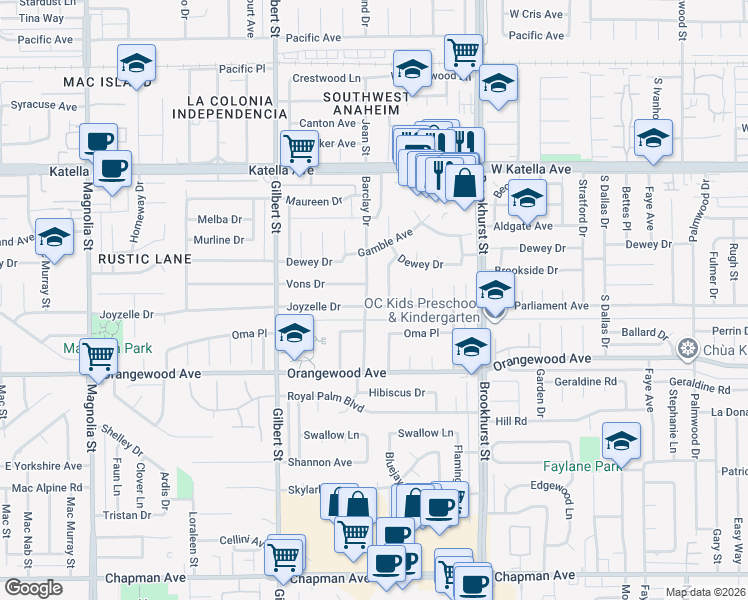 map of restaurants, bars, coffee shops, grocery stores, and more near 9742 Joyzelle Drive in Garden Grove