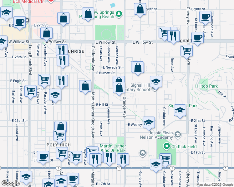 map of restaurants, bars, coffee shops, grocery stores, and more near 2243 Cerritos Avenue in Signal Hill