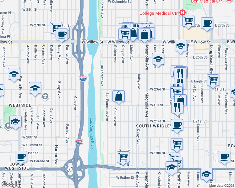 map of restaurants, bars, coffee shops, grocery stores, and more near 2247 Oregon Avenue in Long Beach