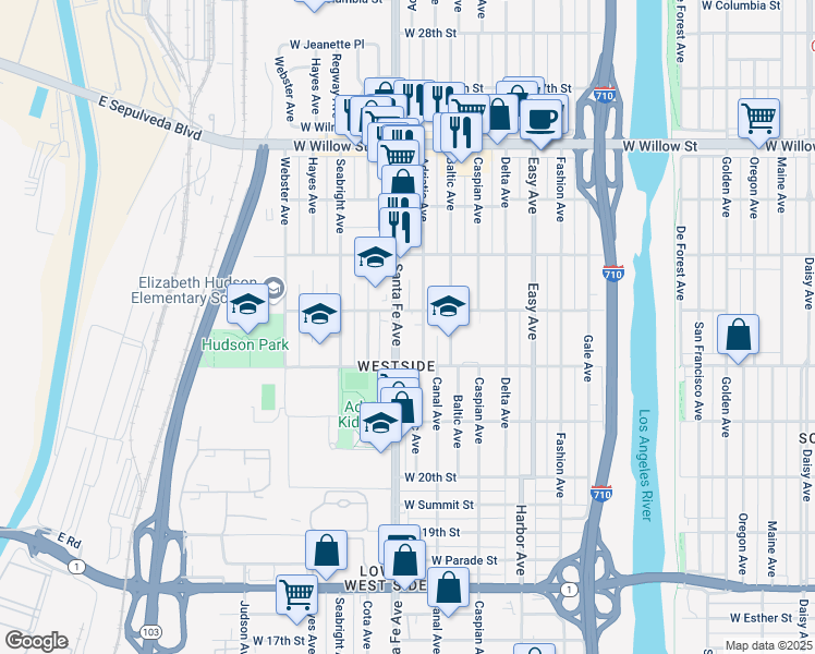 map of restaurants, bars, coffee shops, grocery stores, and more near 2236 Santa Fe Avenue in Long Beach